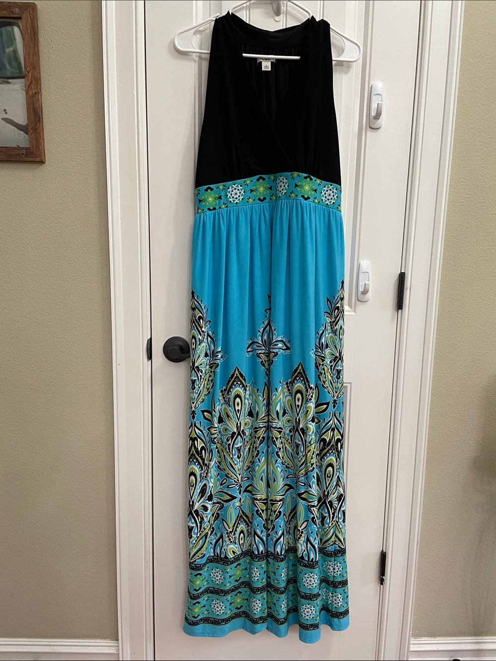 CATO Black and Turquoise Floral Print Empire Waist Maxi Dress Size L
